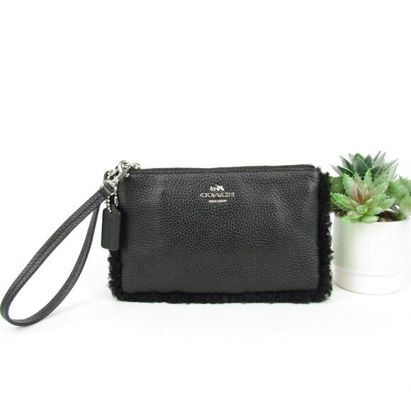 Coach Black Pebbled Leather Wristlet with Shearling Trim - Picture 1 of 7